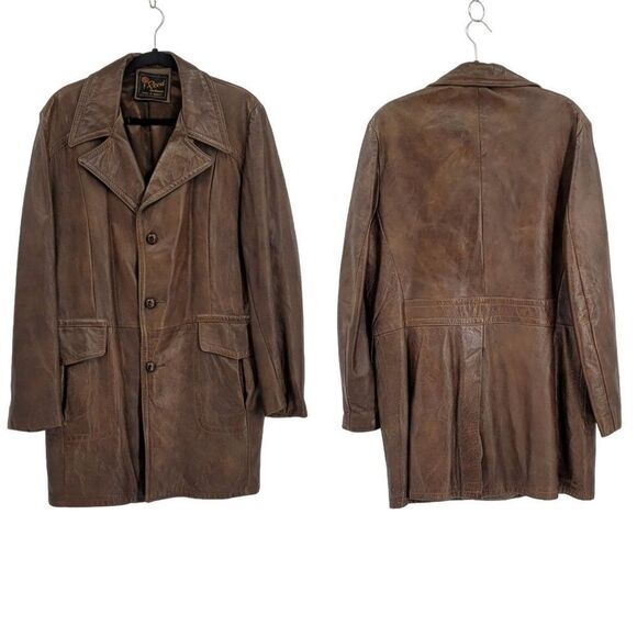 70s Leather Jacket Mottled Crackle Brown Duster Blazer Button Hippy Streetwear L - Picture 1 of 14